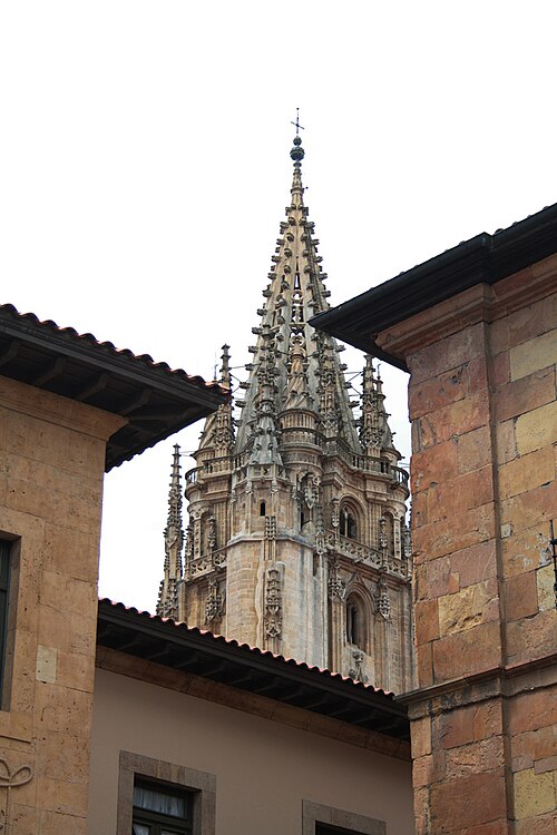 Detail of the Gothic tower and openwork spire of Oviedo Cathedral