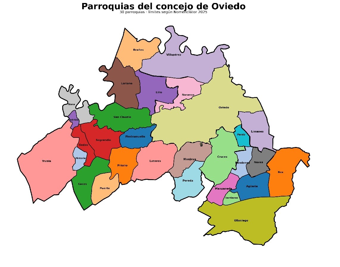 Mapa de las 30 parroquias del concejo de Oviedo